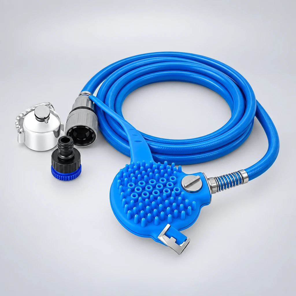 Kit Duș pentru Câini cu Perie din Silicon și Furtun Flexibil