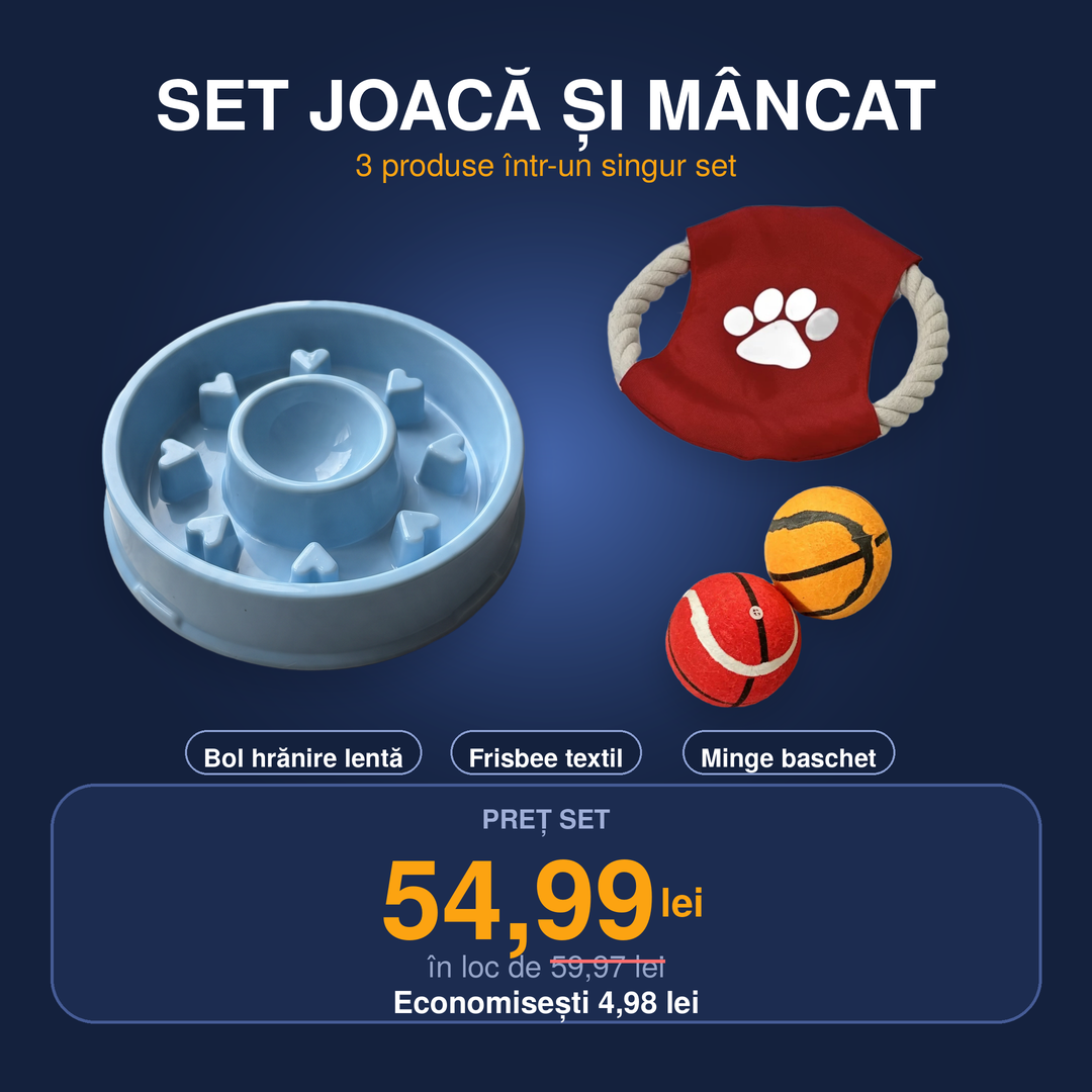 Set Joacă și Mâncat - bol hrănire lentă, frisbee textil și minge baschet - UrbanPetShop